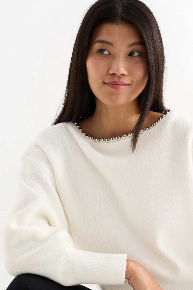 Kobiety - Sweter - w prążki - kremowobiały