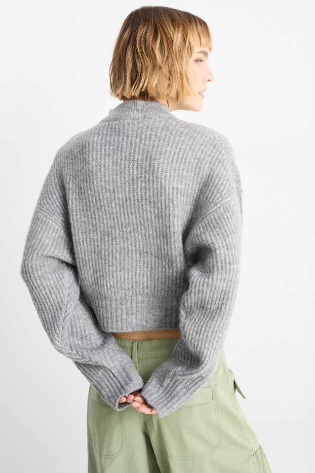 Women - Cropped jumper with band collar - ribbed - gray