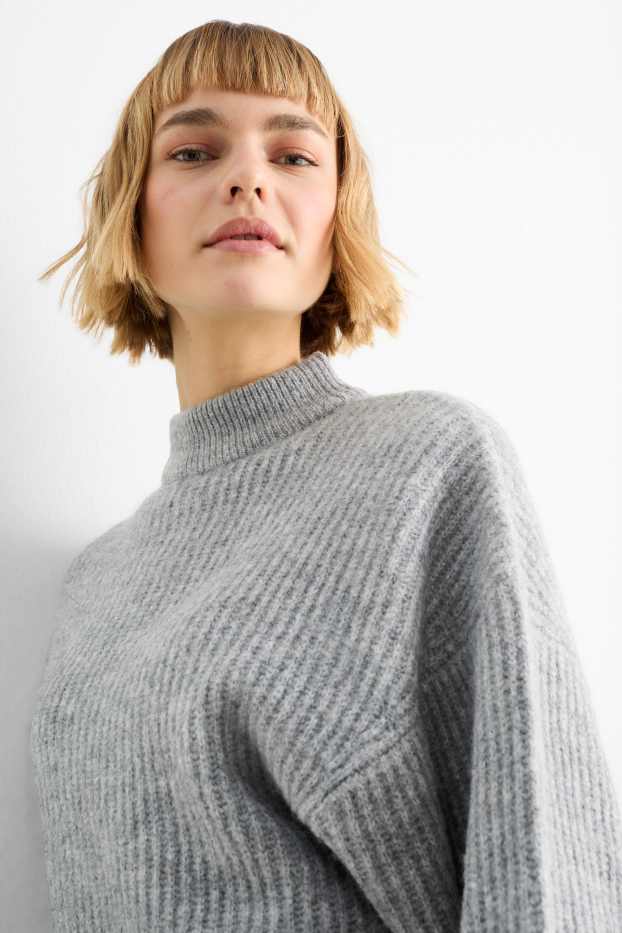Women - Cropped jumper with band collar - ribbed - gray