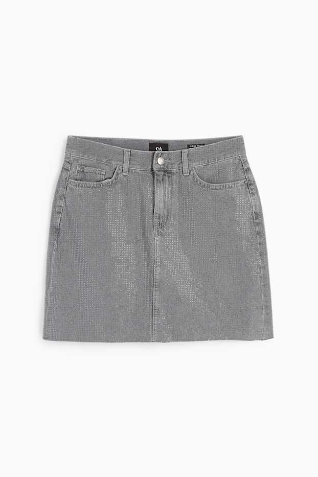Women - Denim miniskirt with rhinestones - denim-gray
