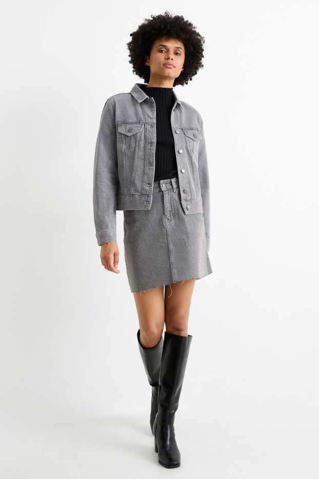 Women - Denim miniskirt with rhinestones - denim-gray