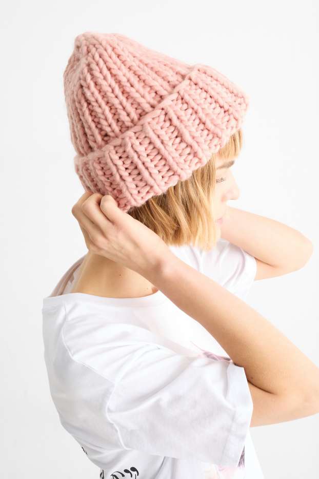 Femmes - Bonnet rond - côtelé - rose