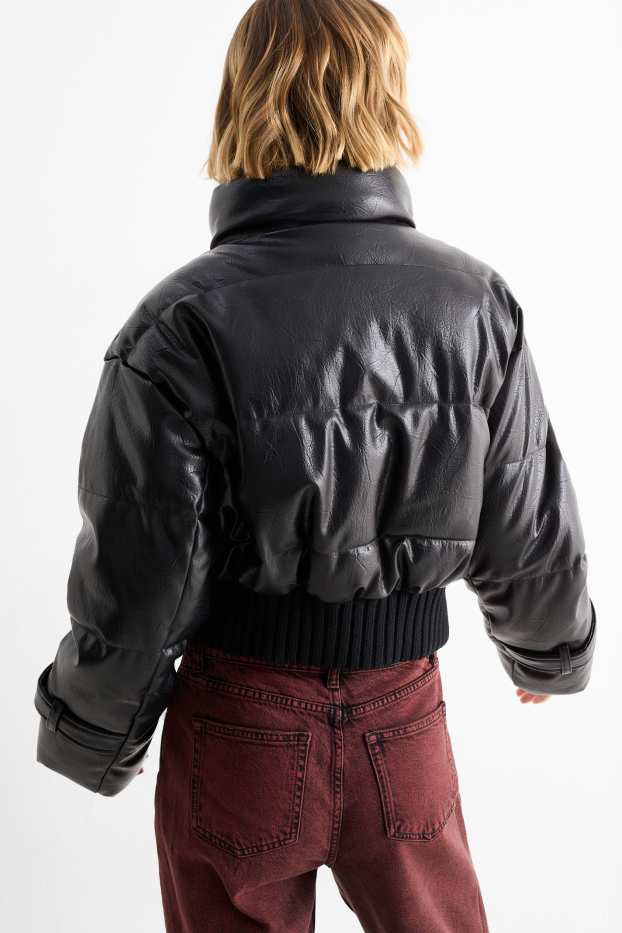 Damen - Steppjacke - Lederimitat - schwarz