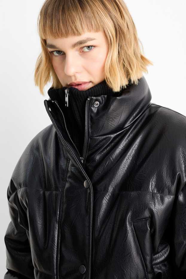 Damen - Steppjacke - Lederimitat - schwarz