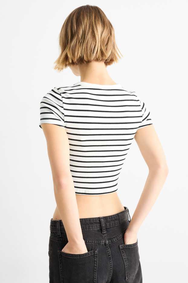 Women - Cropped T-shirt - ribbed - striped - white / black