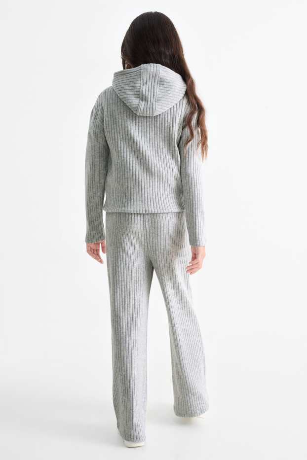 Enfants filles - Ensemble - pull à capuche et legging en maille - côtelés - gris
