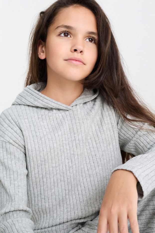 Enfants filles - Ensemble - pull à capuche et legging en maille - côtelés - gris