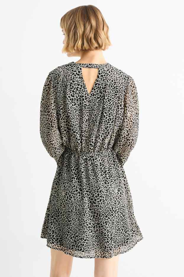 Dames - Jurk van chiffon, met V-hals - luipaardprint - met structuur - lichtgrijs