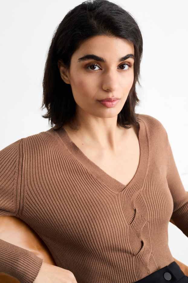 Dames - Trui met V-hals - kabelpatroon - geribd - donkerbruin