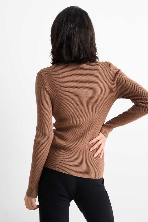 Dames - Trui met V-hals - kabelpatroon - geribd - donkerbruin