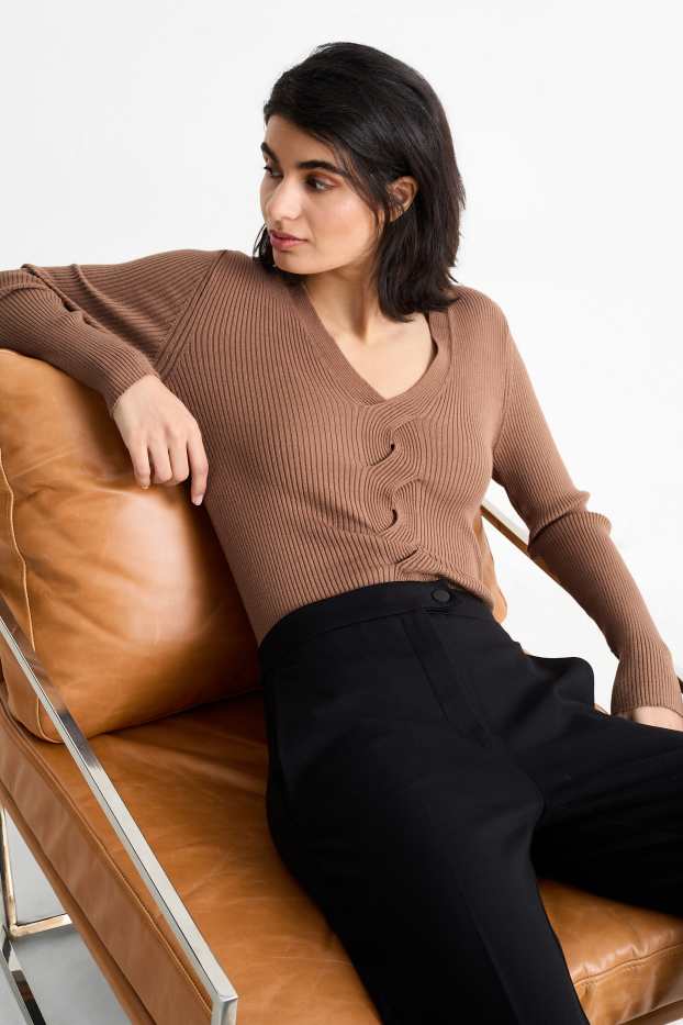 Dames - Trui met V-hals - kabelpatroon - geribd - donkerbruin