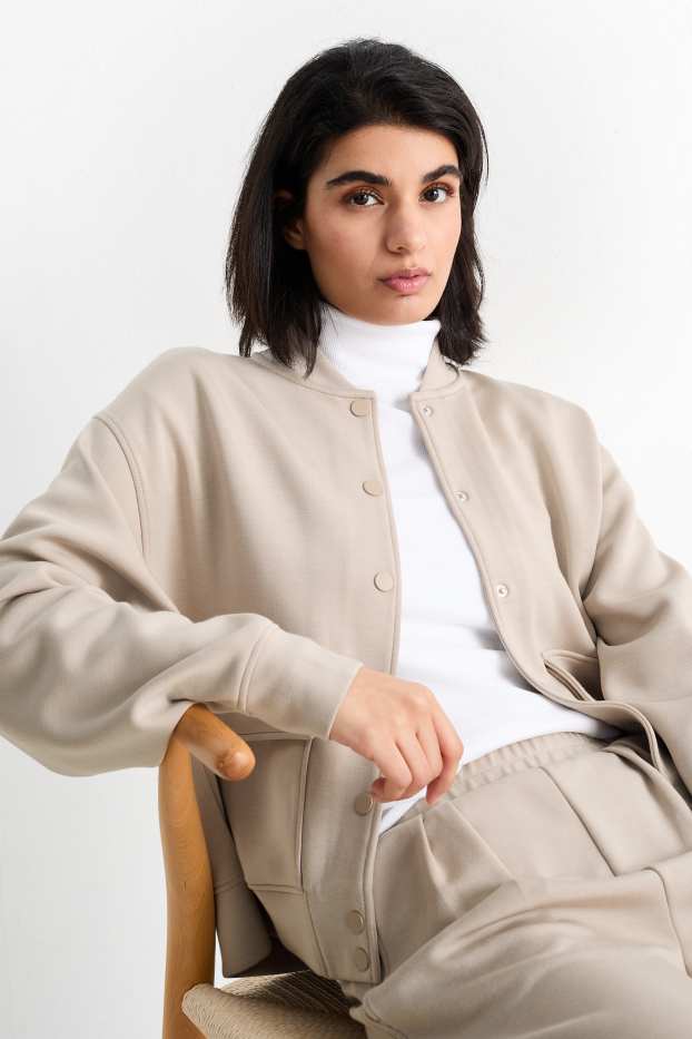 Women - Basic sweat bomber jacket - light beige