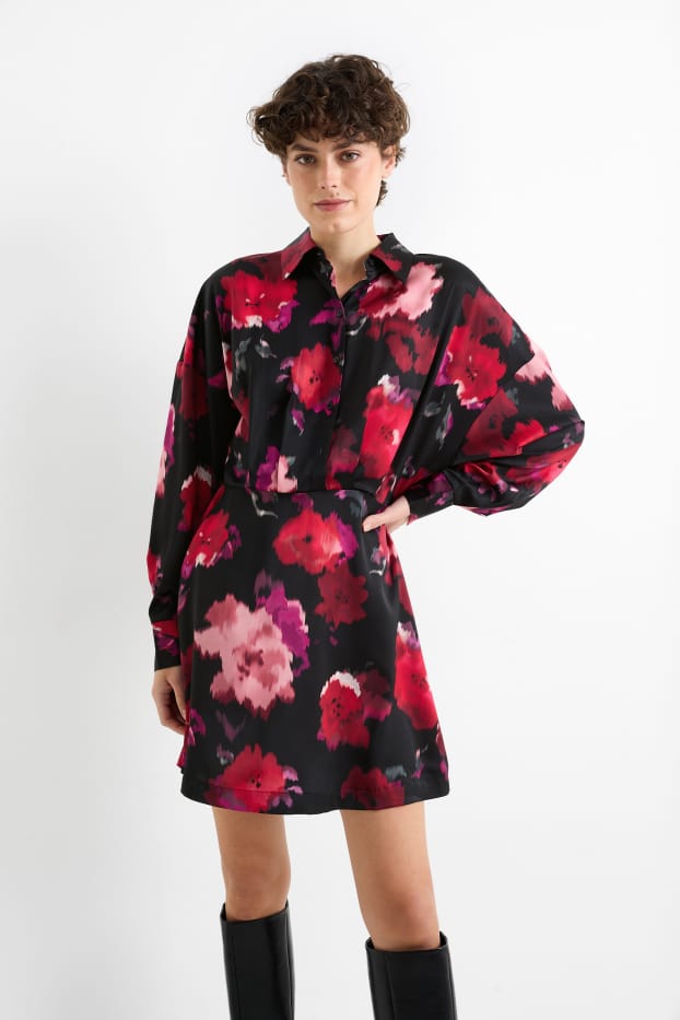 Damen - Blusenkleid - geblümt - schwarz