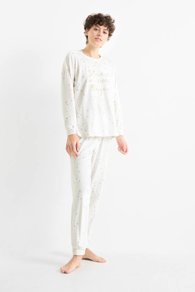 Damen - Winterpyjama - gemustert - cremeweiss