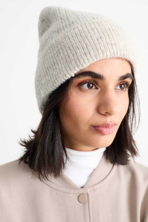 Women - Sequin beanie - ribbed - cremewhite
