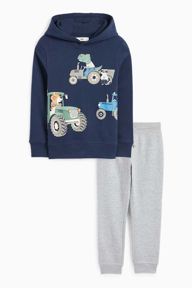 Enfants garçons - Dinosaure et tracteurs - ensemble - sweat à capuche et pantalon de jogging - deux pièces - bleu foncé