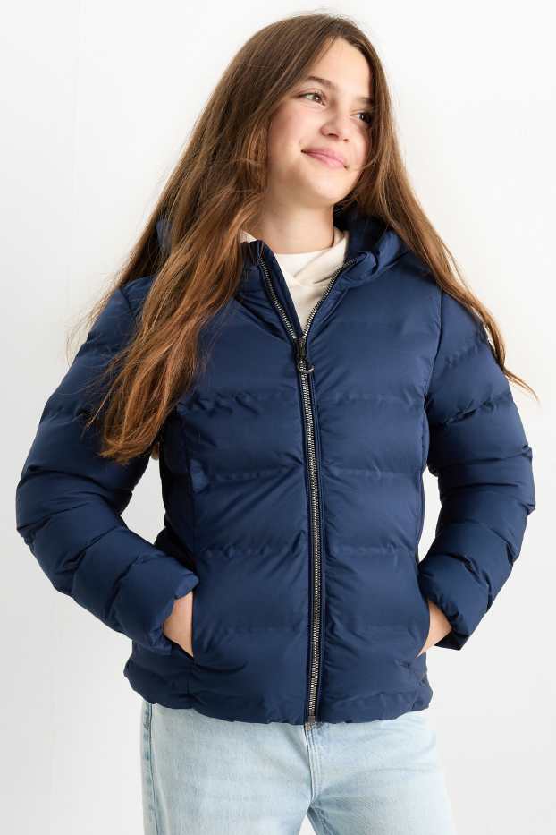 Children Girls - Quilted jacket with hood - water-repellent - dark blue