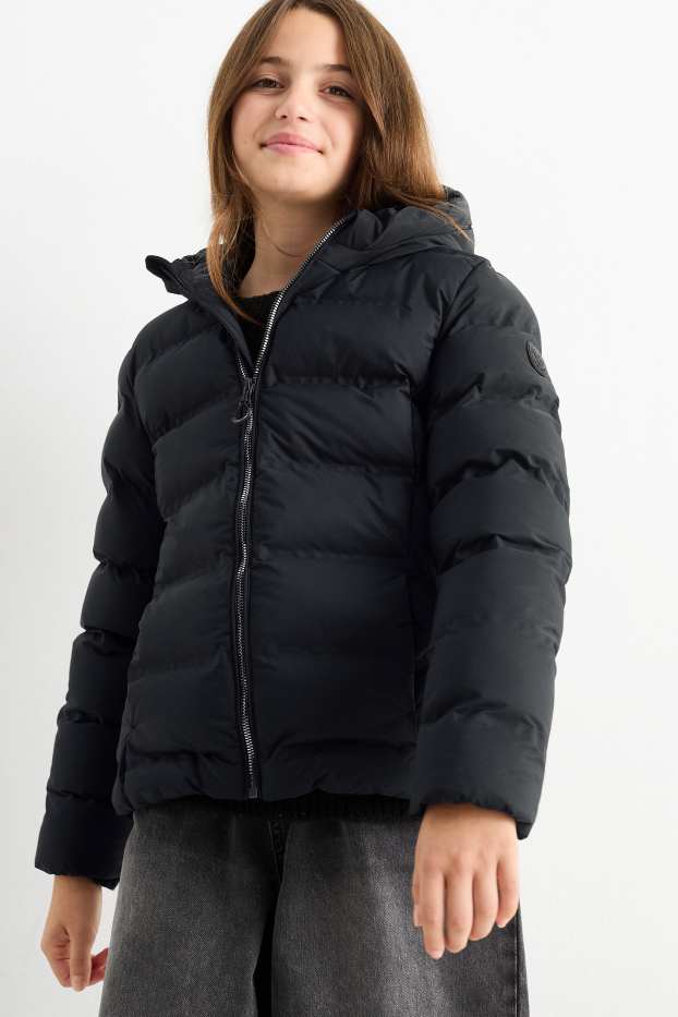 Kinder Mädchen - Steppjacke mit Kapuze - wasserabweisend - schwarz