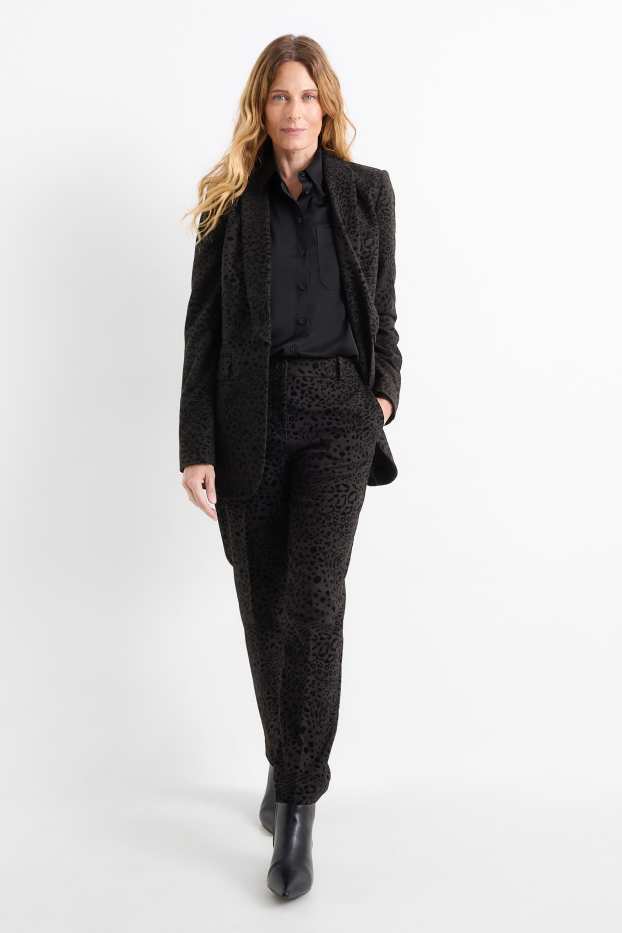 Dámské - Business kalhoty - high waist - regular fit- s leopardím vzorem - černá