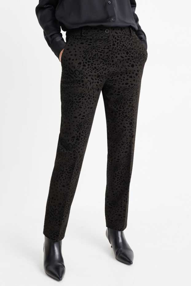 Dámské - Business kalhoty - high waist - regular fit- s leopardím vzorem - černá