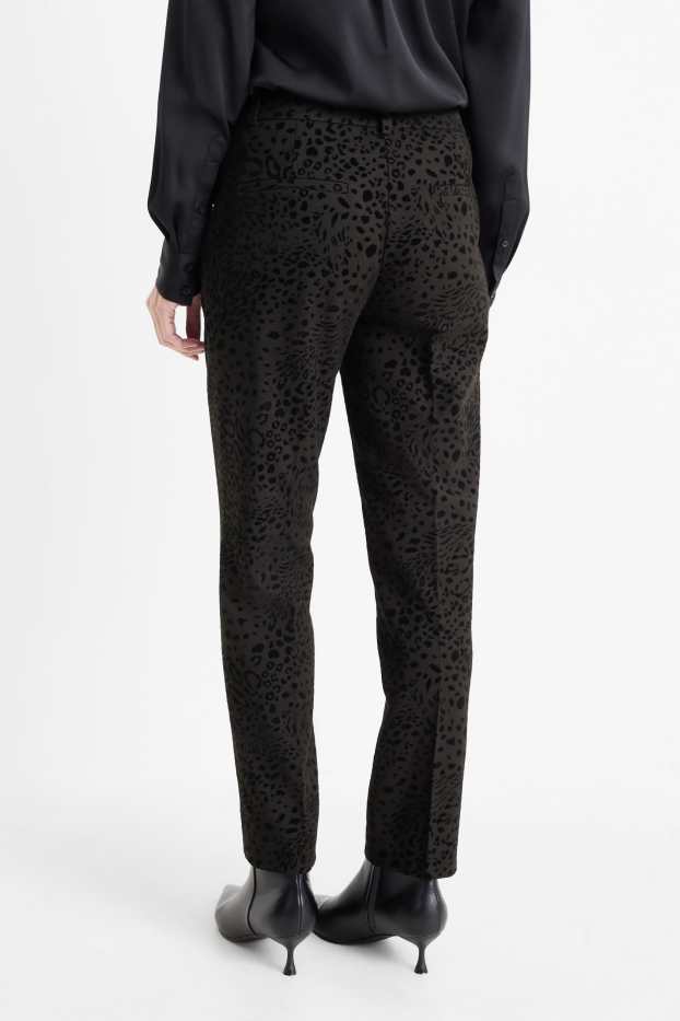 Dámské - Business kalhoty - high waist - regular fit- s leopardím vzorem - černá