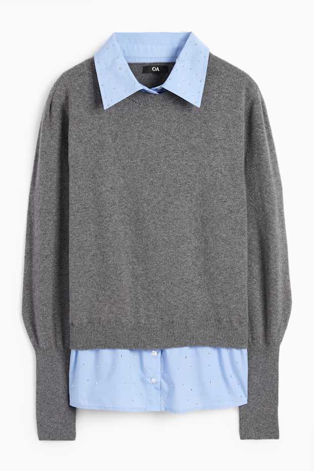 Dona - Jersei de punt fi amb pedres d’estràs - look 2 en 1 - gris