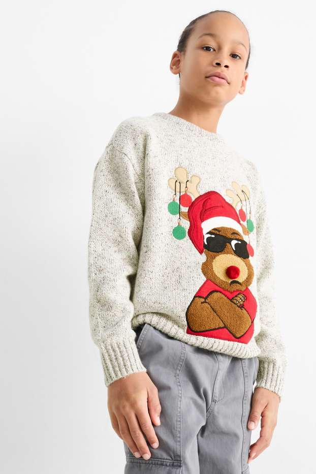 Kinderen: jongens - Rendier Rudolf - trui voor de kerst - licht grijs-mix