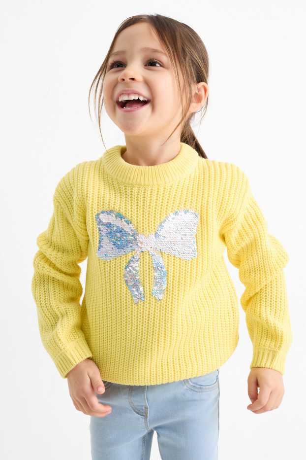 Kinder Mädchen - Schleife - Pullover - gerippt - Glanz-Effekt - gelb