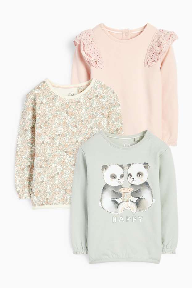Bébés filles - Lot de 3 - petits fleurs et pandas - sweats bébé - vert menthe