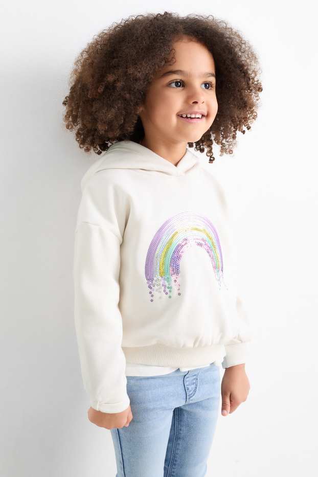 Kinderen: meisjes - Regenboog - hoodie - glanseffect - crème wit