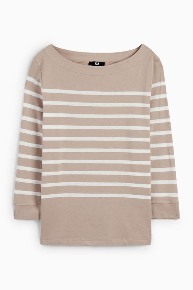 Dames - Basic longsleeve - gestreept - licht beige
