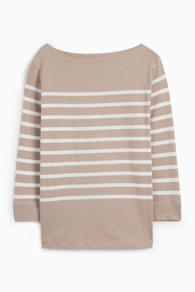 Dames - Basic longsleeve - gestreept - licht beige
