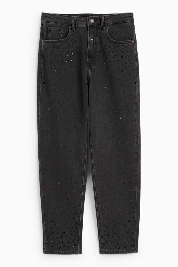 Dámské - Tapered jeans se štrasovými kamínky - high waist - džíny - tmavošedé