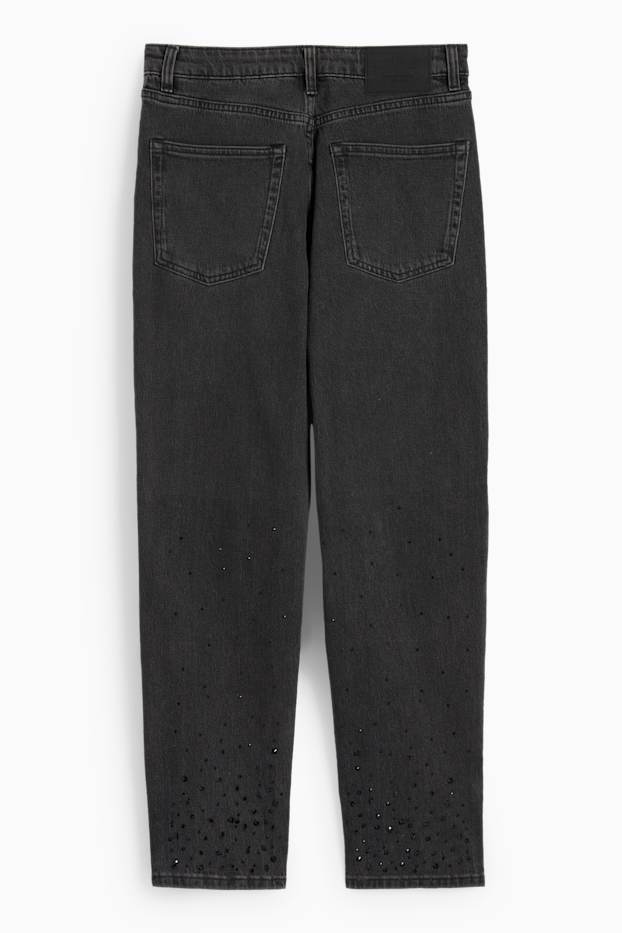 Dámské - Tapered jeans se štrasovými kamínky - high waist - džíny - tmavošedé