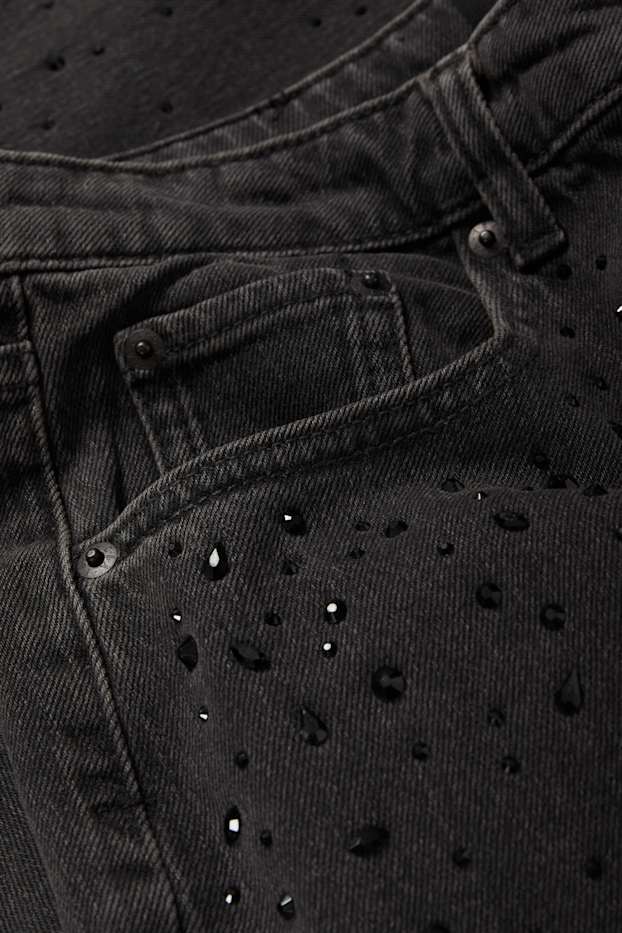Dámské - Tapered jeans se štrasovými kamínky - high waist - džíny - tmavošedé