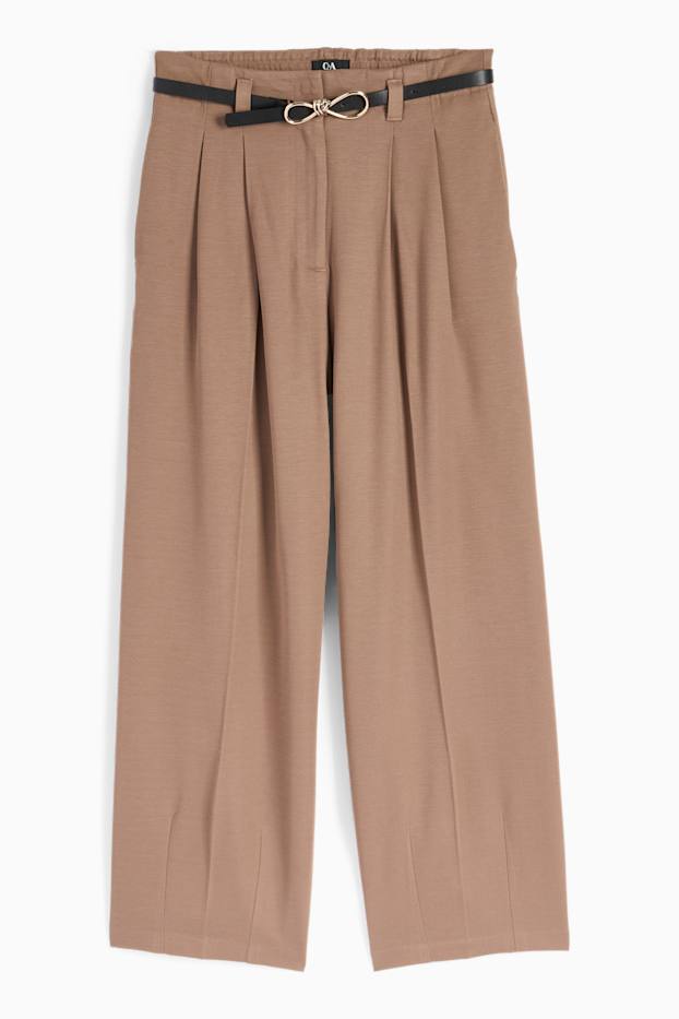 Femei - Pantaloni de stofă cu curea - talie înaltă - wide leg - maro deschis