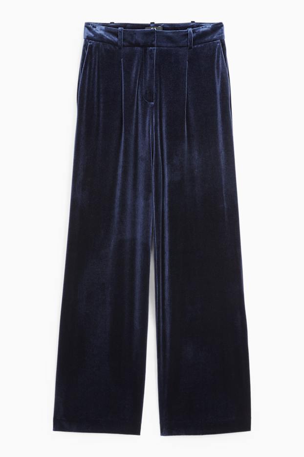 Dámské - Sametové business kalhoty - high waist - wide fit - tmavomodrá