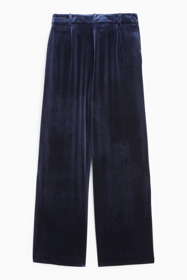 Dámské - Sametové business kalhoty - high waist - wide fit - tmavomodrá