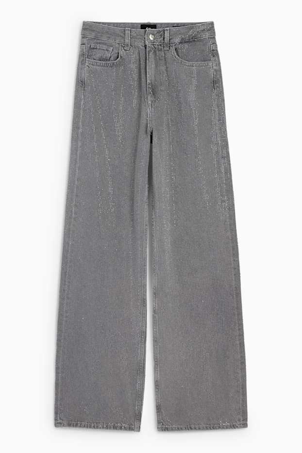 Damen - Loose Fit Jeans mit Strasssteinen - High Waist - grau