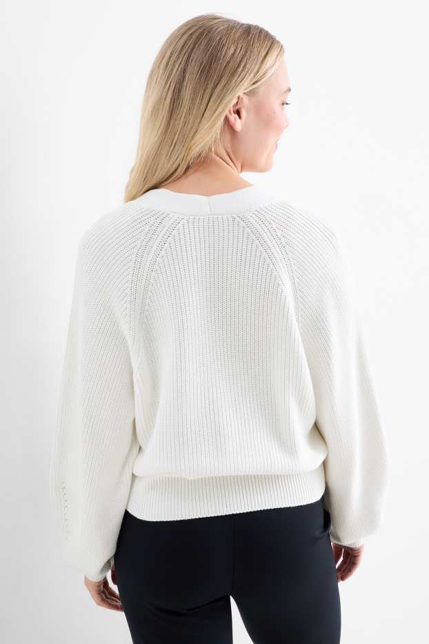 Women - Cardigan - ribbed - cremewhite