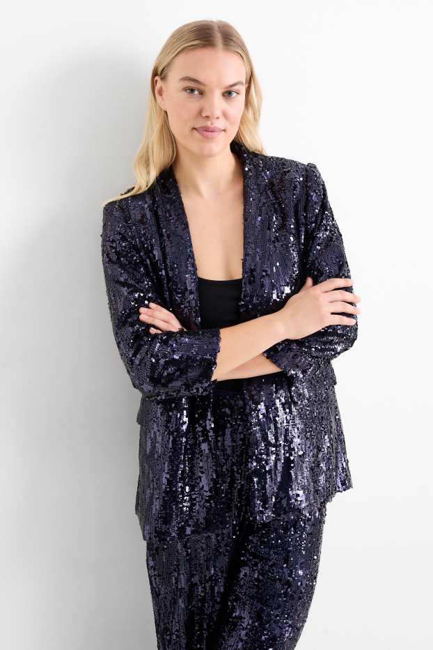 Damen - Pailletten-Longblazer - Regular Fit - dunkelblau