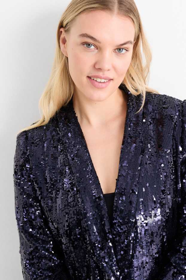 Damen - Pailletten-Longblazer - Regular Fit - dunkelblau