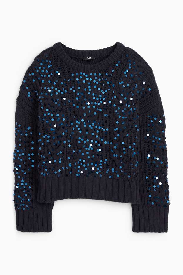 Femei - Pulover - aspect lucios - cu torsade - albastru închis