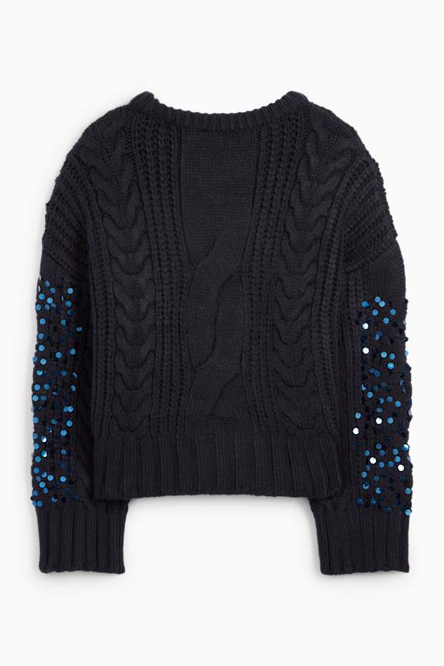 Femei - Pulover - aspect lucios - cu torsade - albastru închis