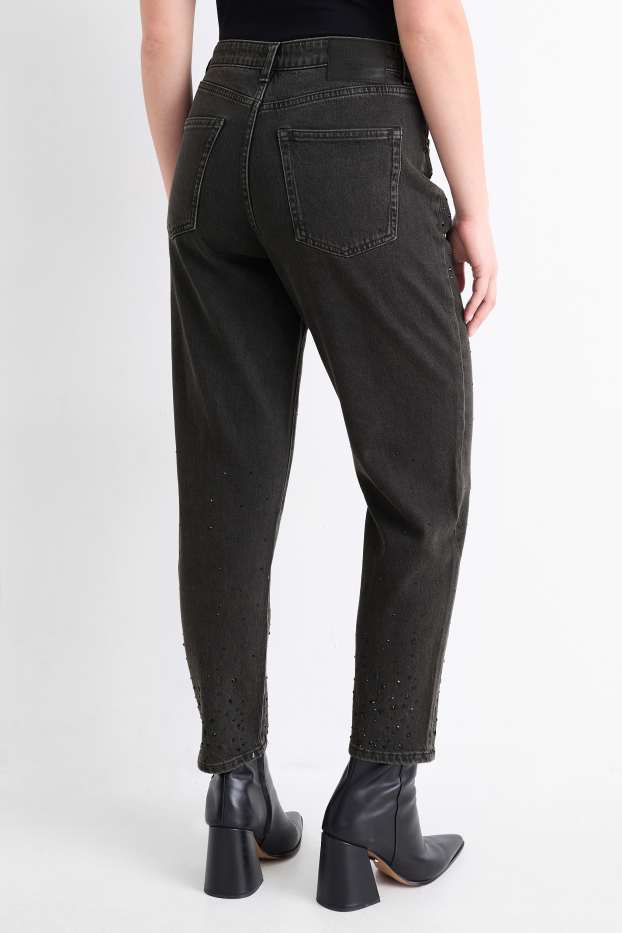 Dámské - Tapered jeans se štrasovými kamínky - high waist - džíny - tmavošedé
