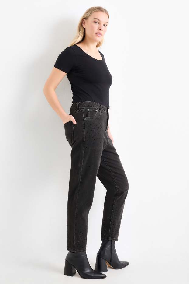 Dámské - Tapered jeans se štrasovými kamínky - high waist - džíny - tmavošedé