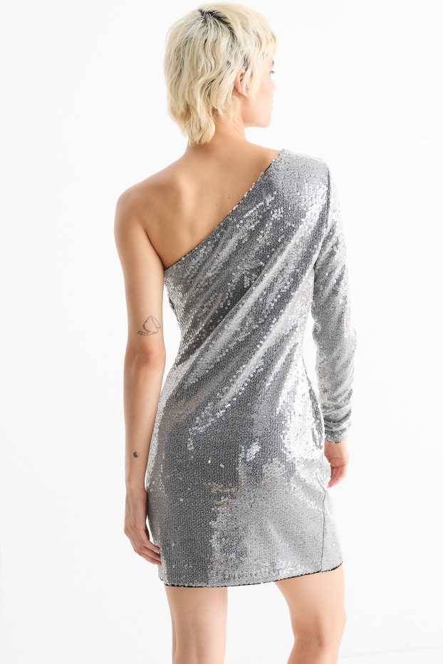 Dames - One shoulder-jurk met pailletten - zilver