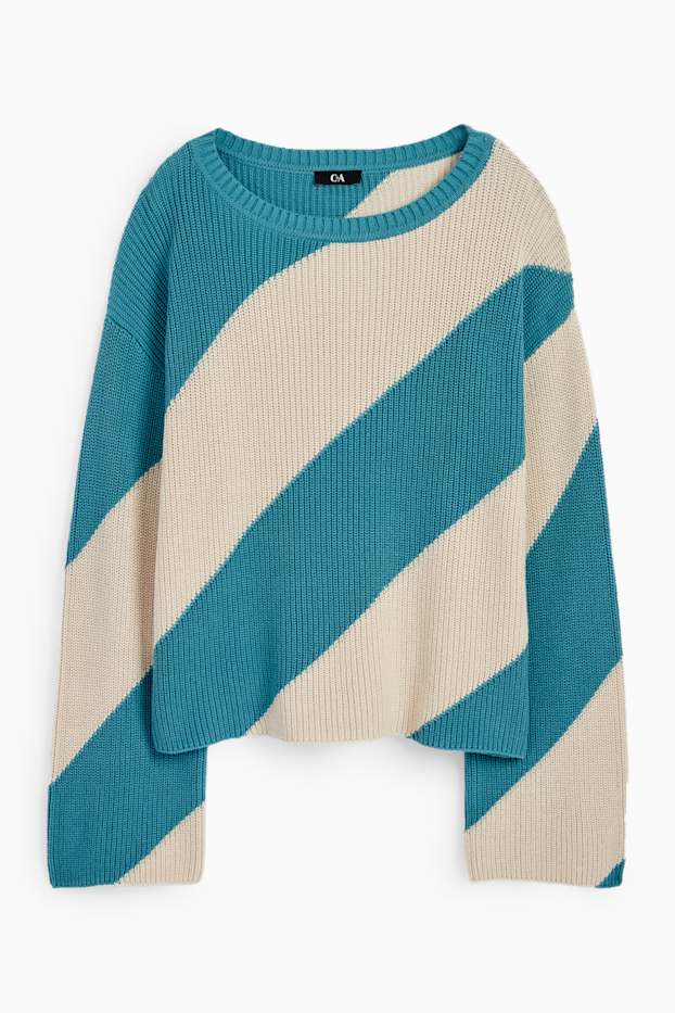 Women - Jumper - ribbed - striped - turquoise