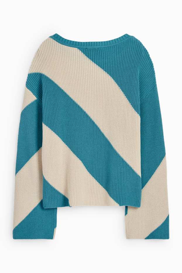 Women - Jumper - ribbed - striped - turquoise