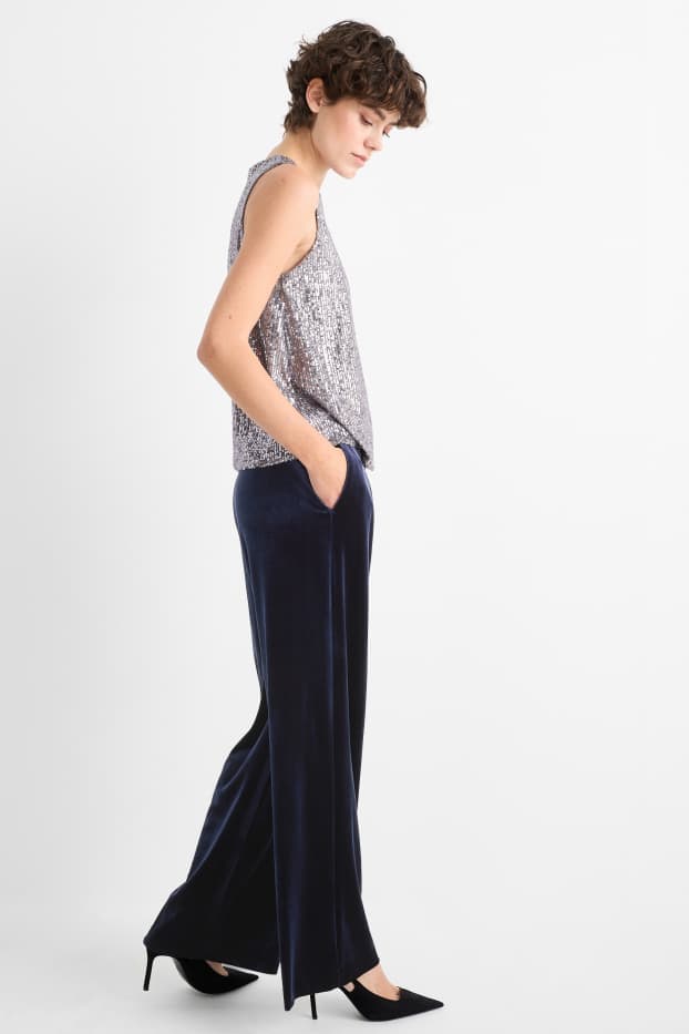 Dámské - Sametové business kalhoty - high waist - wide fit - tmavomodrá